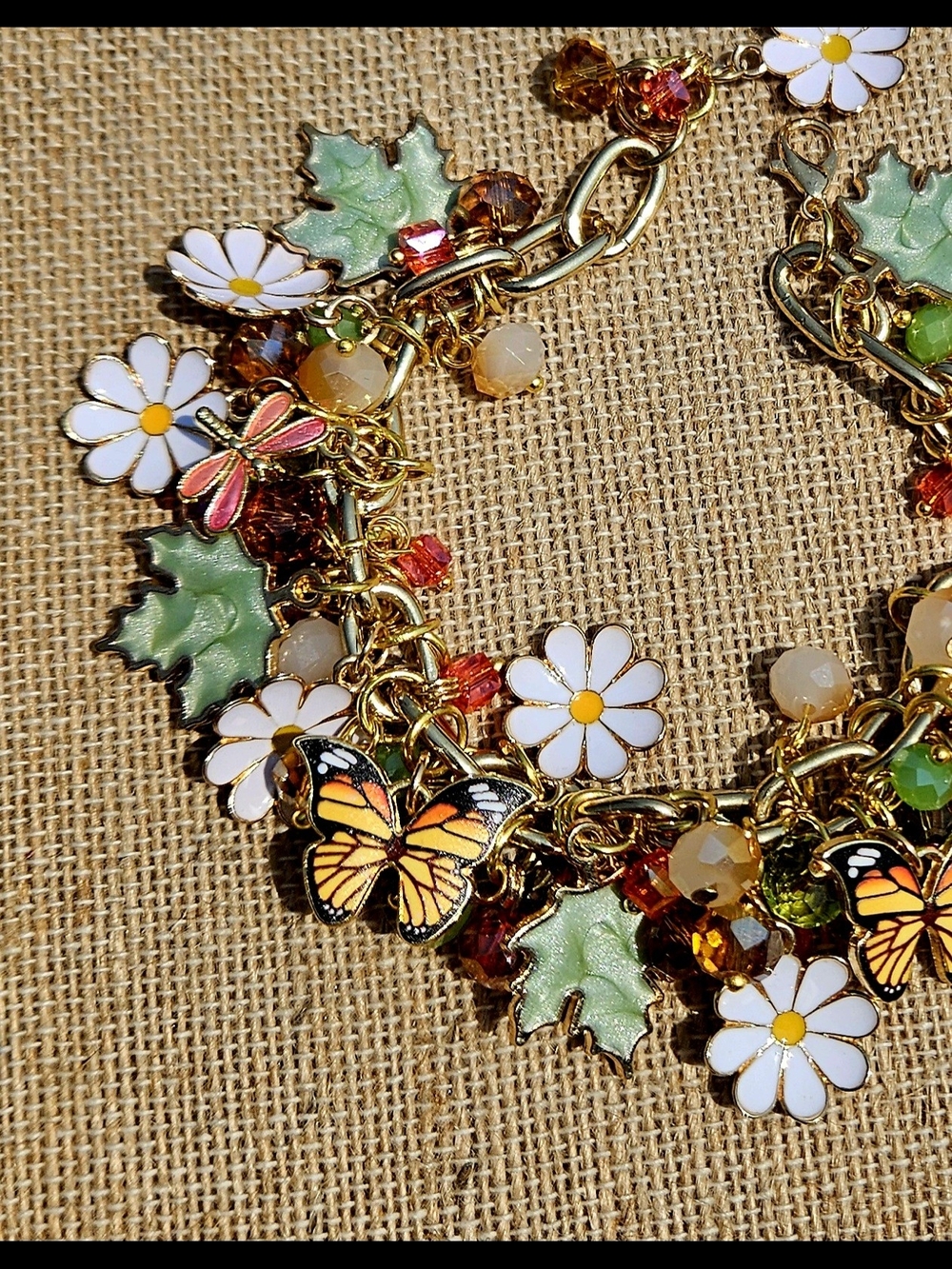 Gold Floral, Dragonfly & Butterfly Charm Bracelet - White Daisy, Green Leaf OOAK - Picture 3 of 14